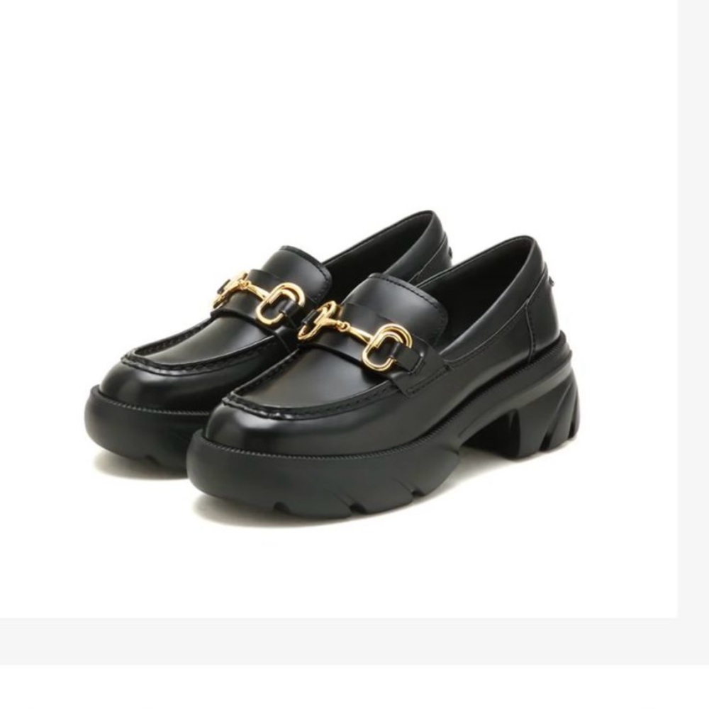 Staccato black leather platform horsebit loafers